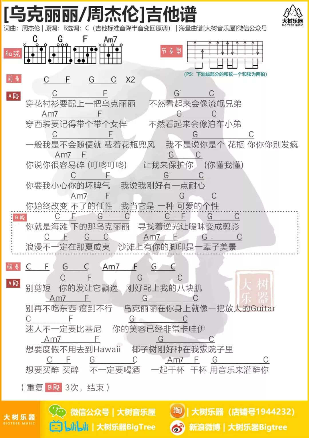 乌克丽丽吉他谱 C调和弦谱-周杰伦1