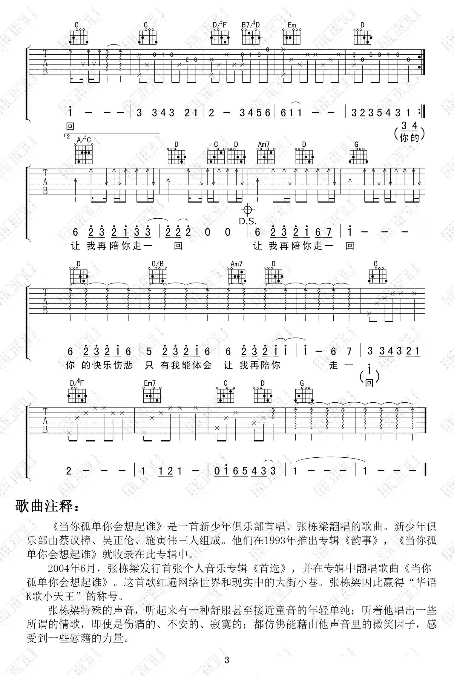 张栋梁《当你孤单你会想起谁》吉他谱-G调原版1
