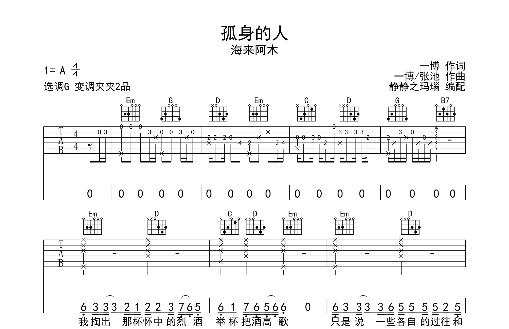 孤身的人吉他谱_海来阿木_G调指法原版吉他谱1