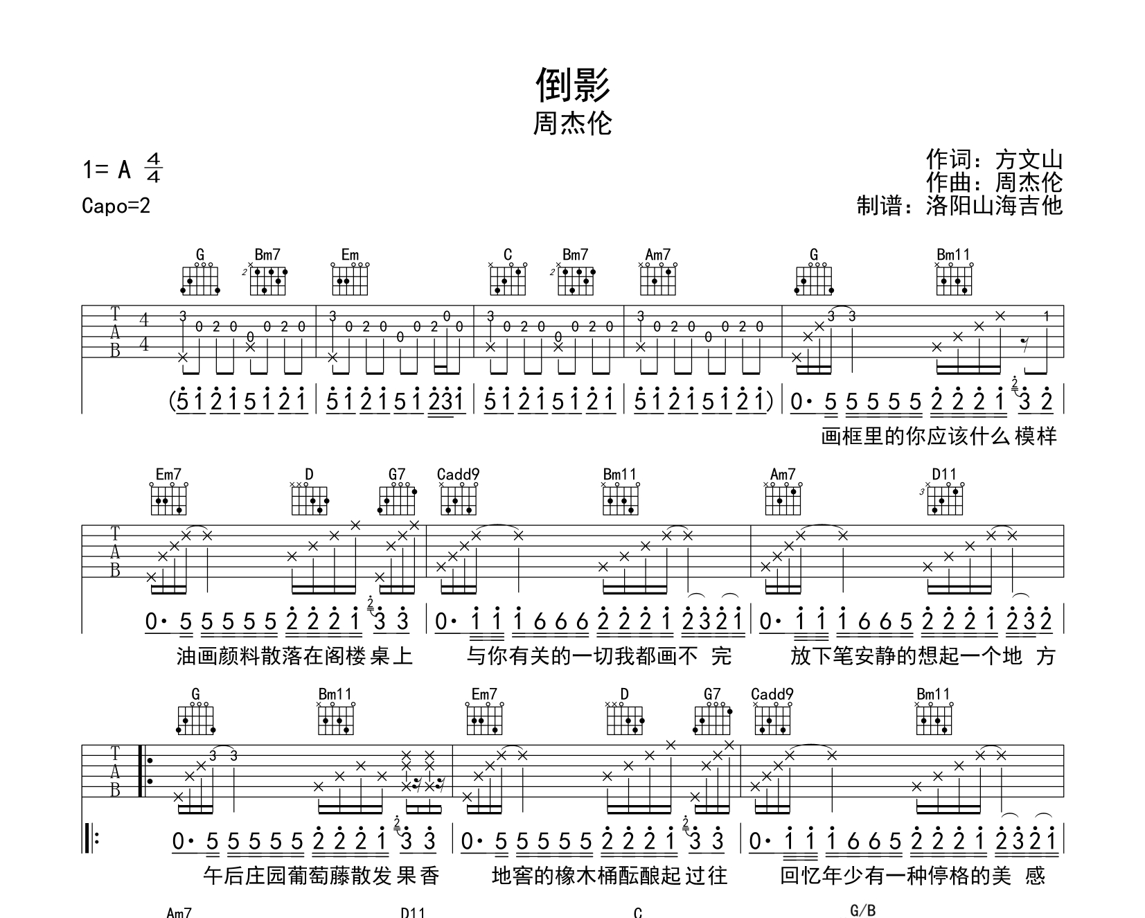 周杰伦《倒影》吉他谱-《倒影》G调原版六线谱1