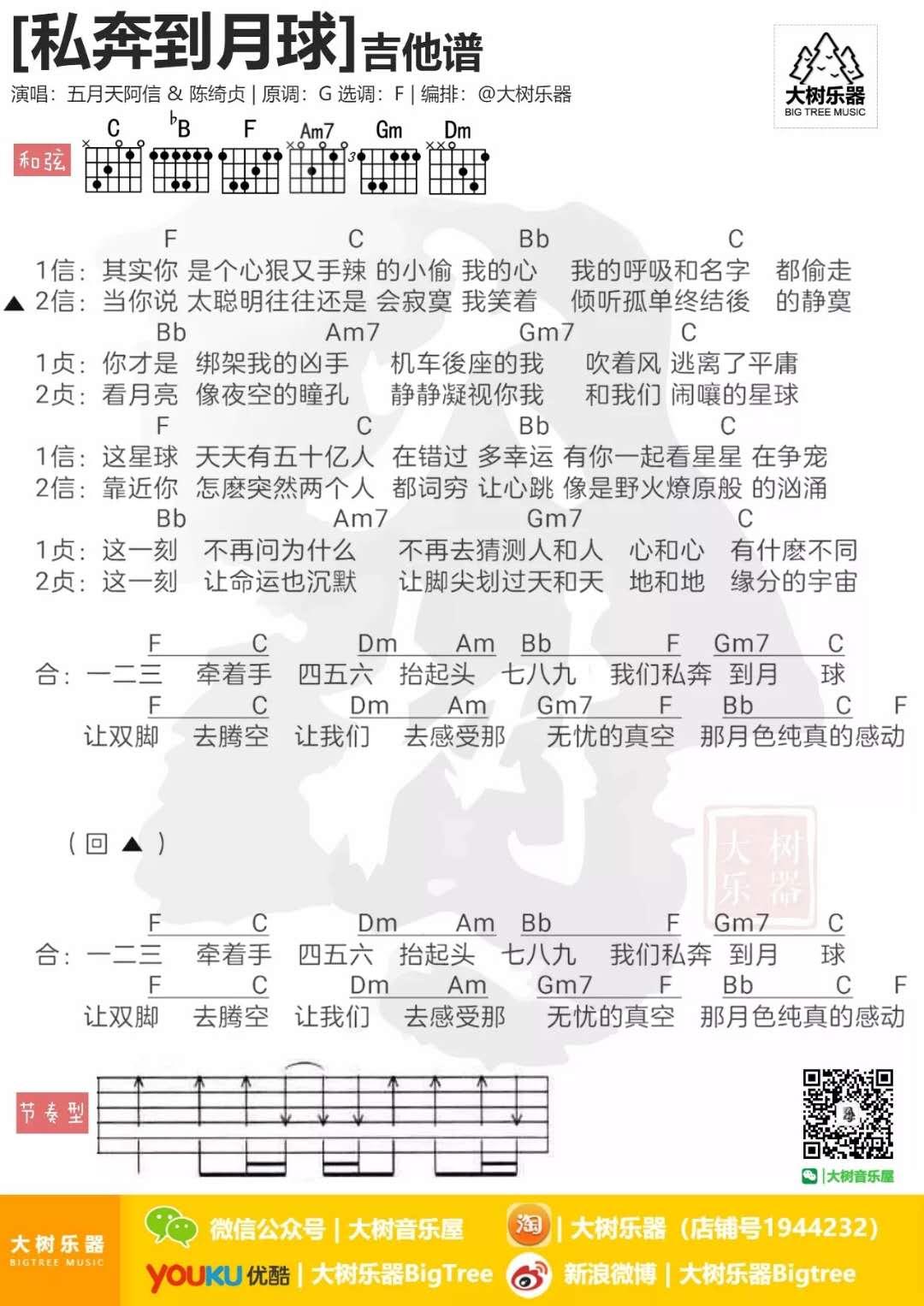 私奔到月球_F调吉他谱_五月天,陈绮贞1