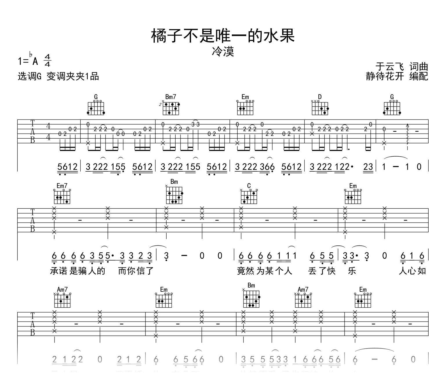 橘子不是唯一的水果吉他谱_冷漠_G调_弹唱六线谱1