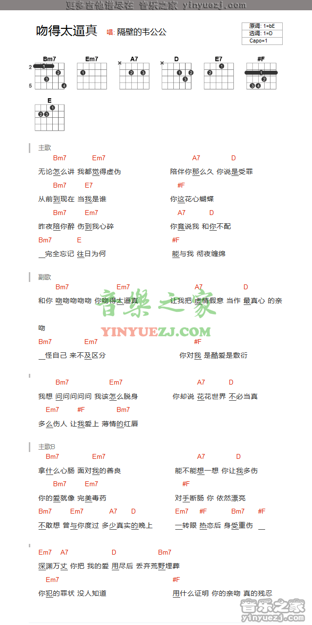 吻得太逼真吉他谱 D调和弦谱_音乐之家编配_张敬轩1