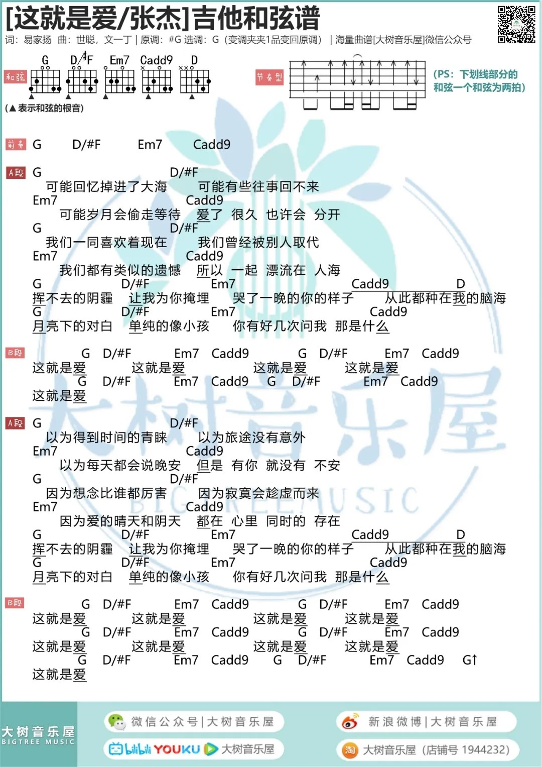 这，就是爱吉他谱 G调和弦谱_大树音乐屋编配_张杰1
