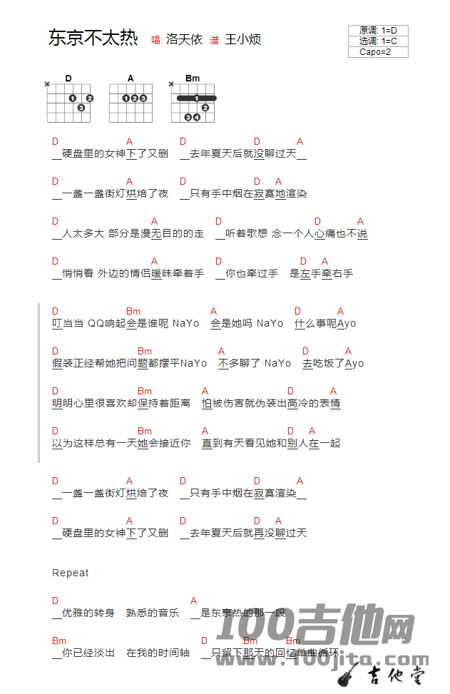 东京不太热吉他谱_C调_洛天依_吉他伴奏弹唱谱1
