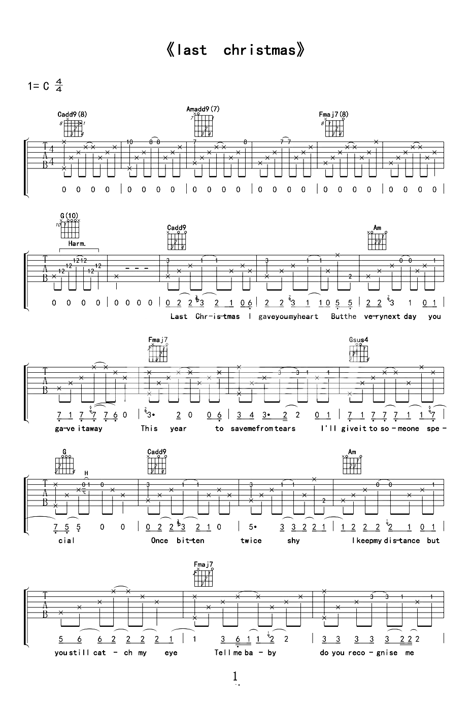 Last Christmas吉他谱_Taylor Swift_C调原版_吉他弹唱六线谱1