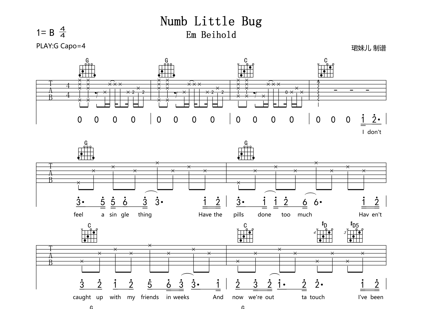 Numb Little Bug吉他谱-Em Beihold-G调原版弹唱谱1