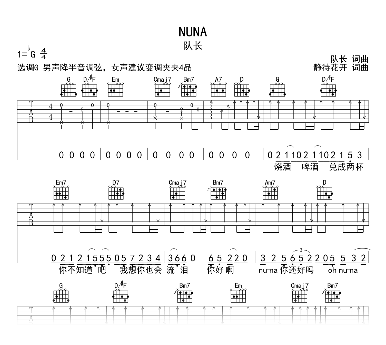 NUNA吉他谱_队长_G调指法_《NUNA》弹唱六线谱1