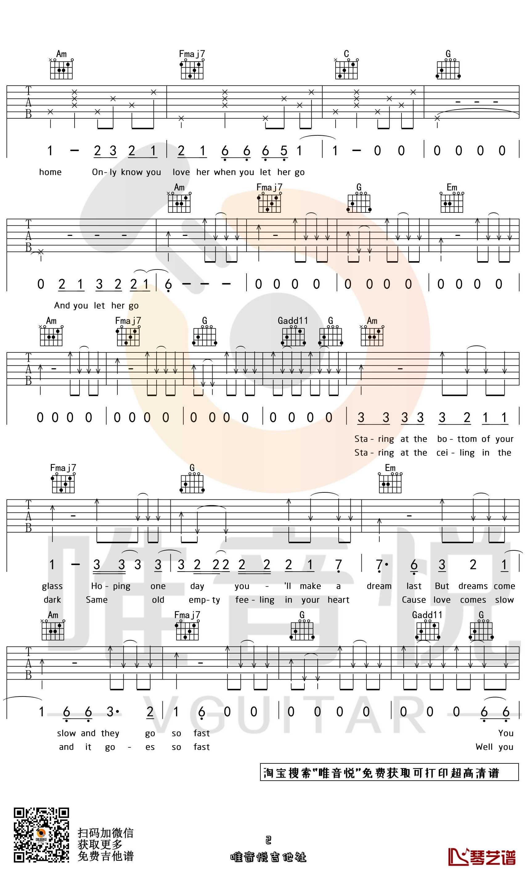 Let Her Go吉他谱 Passenge C调原版 弹唱六线谱2