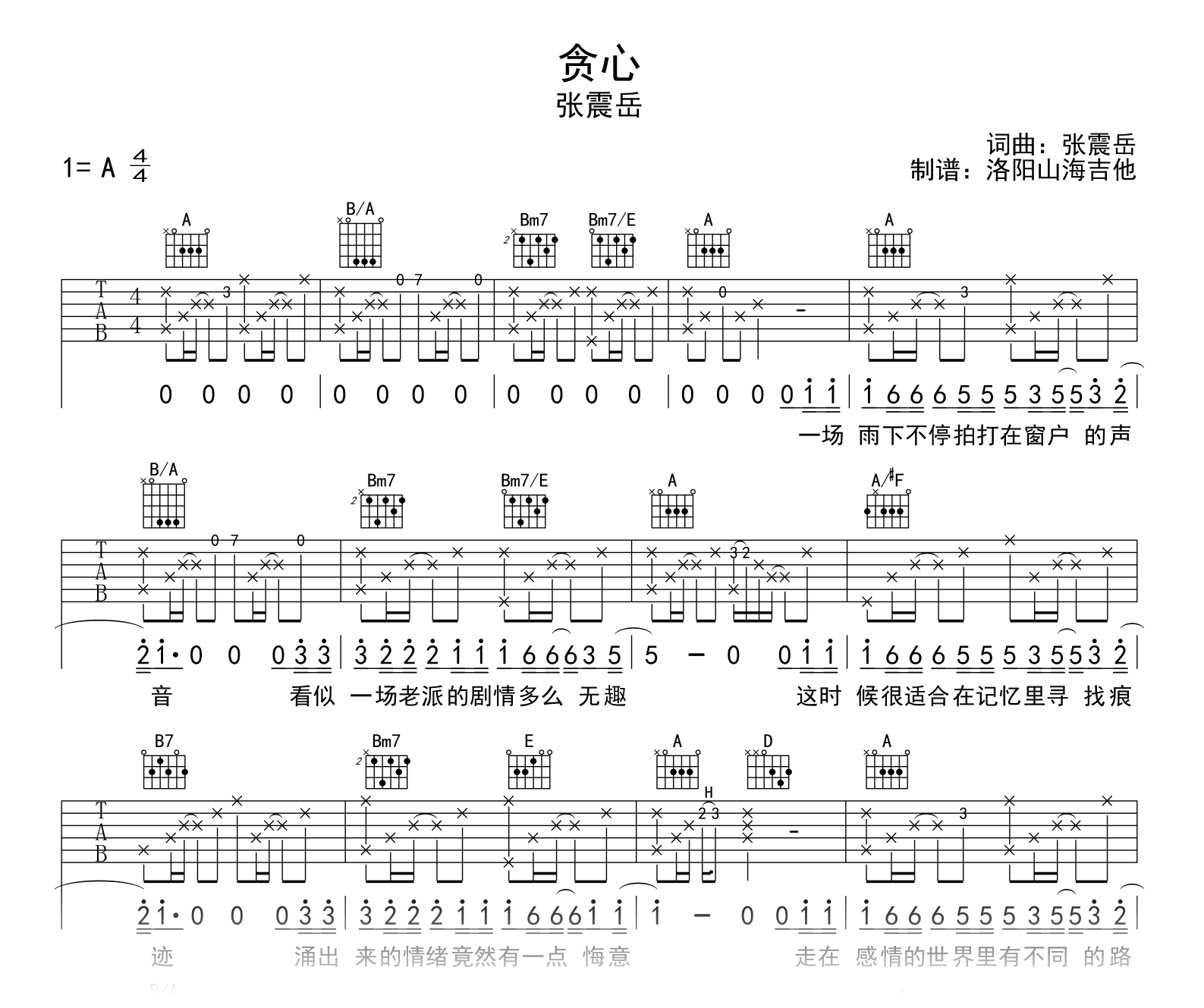 张震岳《贪心》原版吉他谱_A调弹唱六线谱_示范音频1