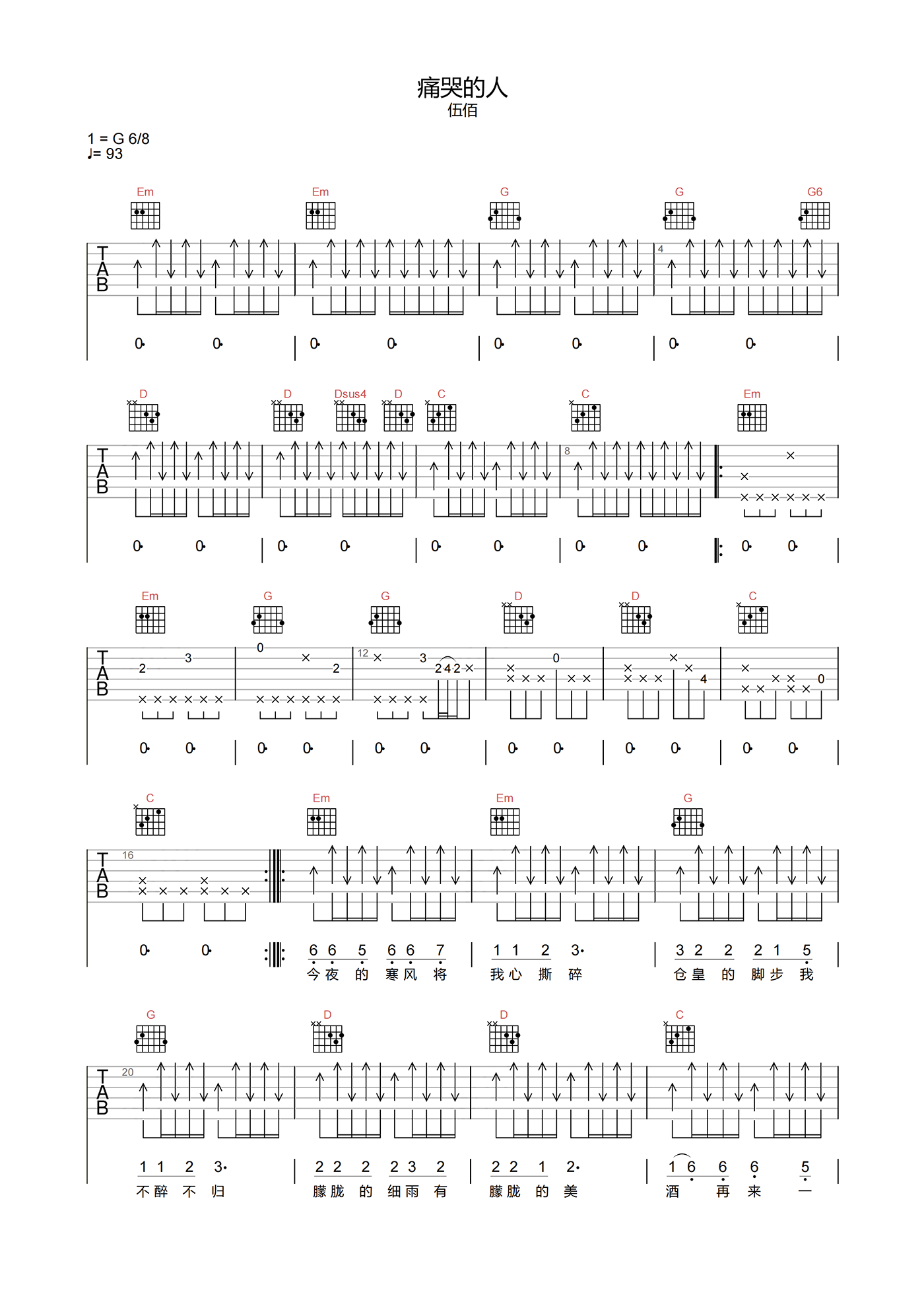 痛哭的人吉他谱-伍佰-G调原版编配-吉他弹唱六线谱1