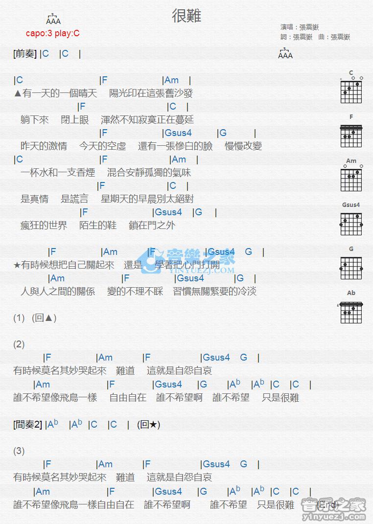 很难吉他谱 C调版 张震岳1