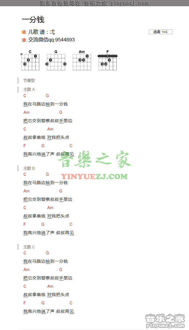 一分钱吉他谱 C调和弦谱-儿歌1