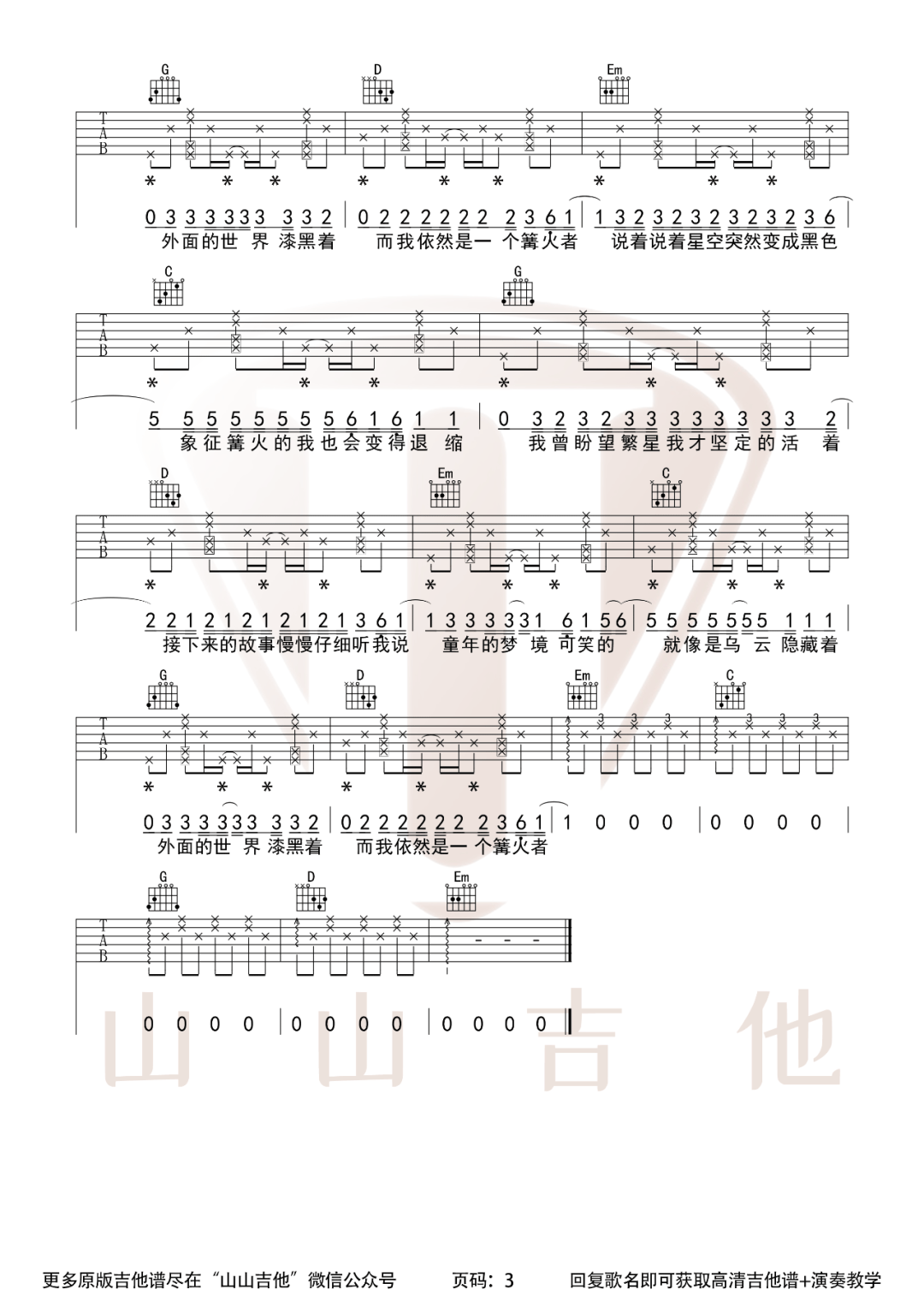 妈妈的话吉他谱_Zyboy忠宇_G调打板编配_吉他弹唱六线谱3