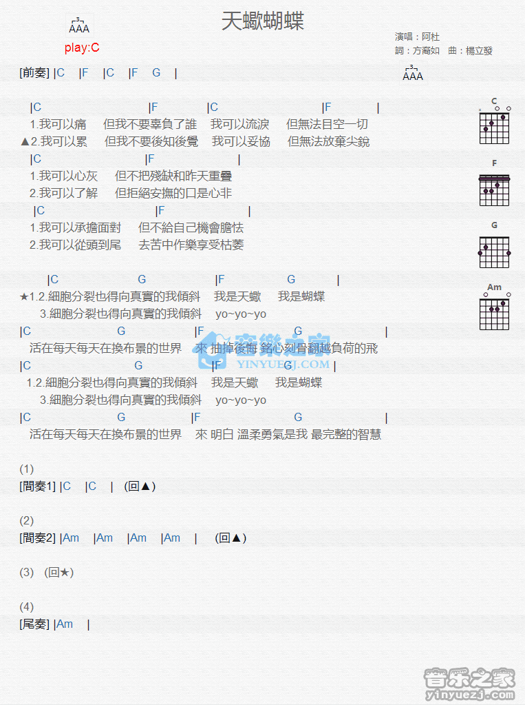 天蝎蝴蝶吉他谱 C调版 阿杜1
