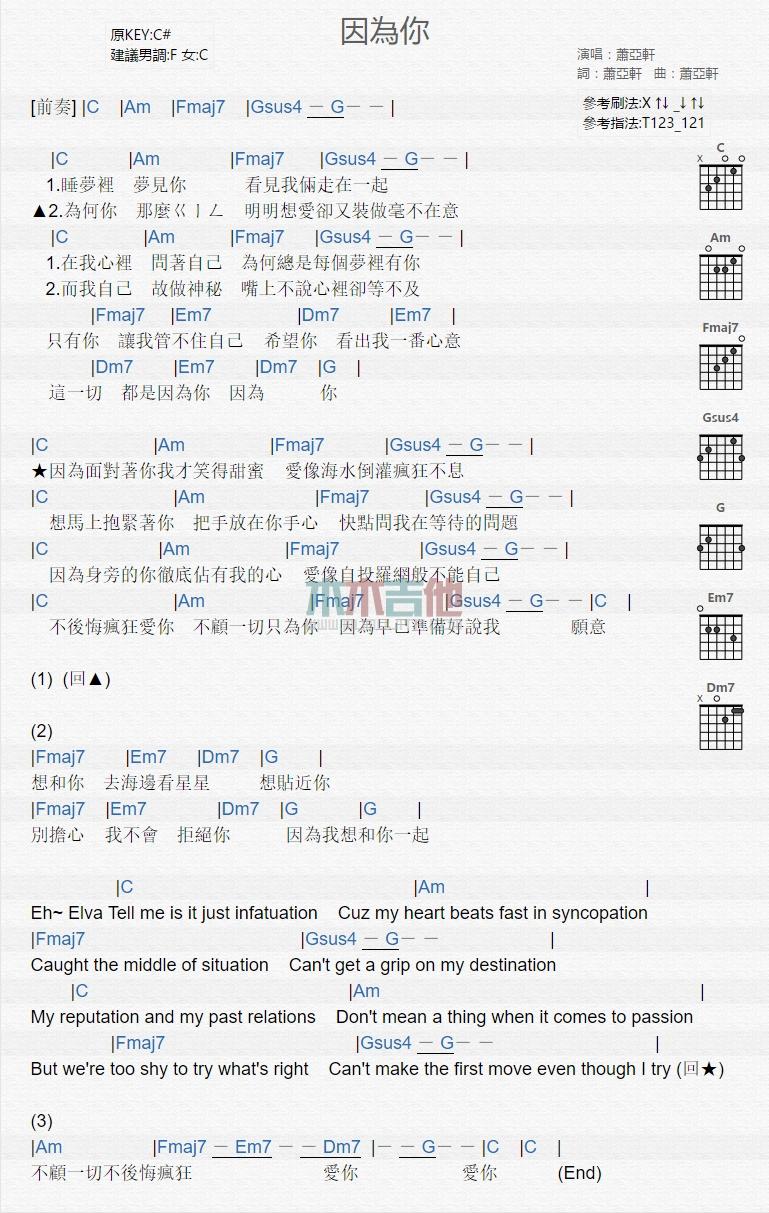因为你_吉他谱_萧亚轩1