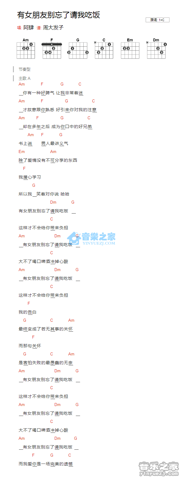有女朋友别忘了请我吃饭_吉他谱_C调版_阿肆1