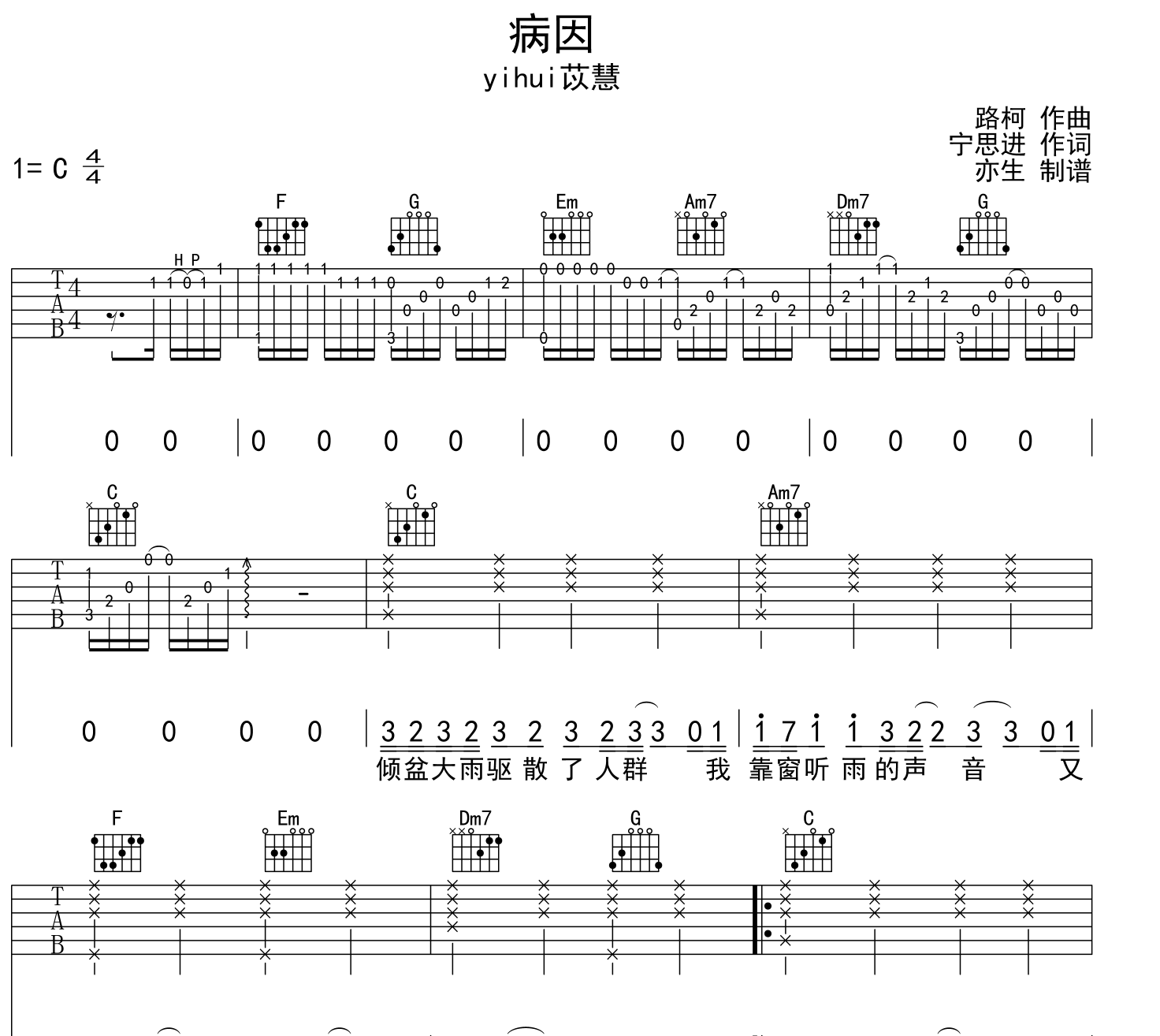 yihuik苡慧《病因》吉他谱_C调原版_《病因》高清六线谱1