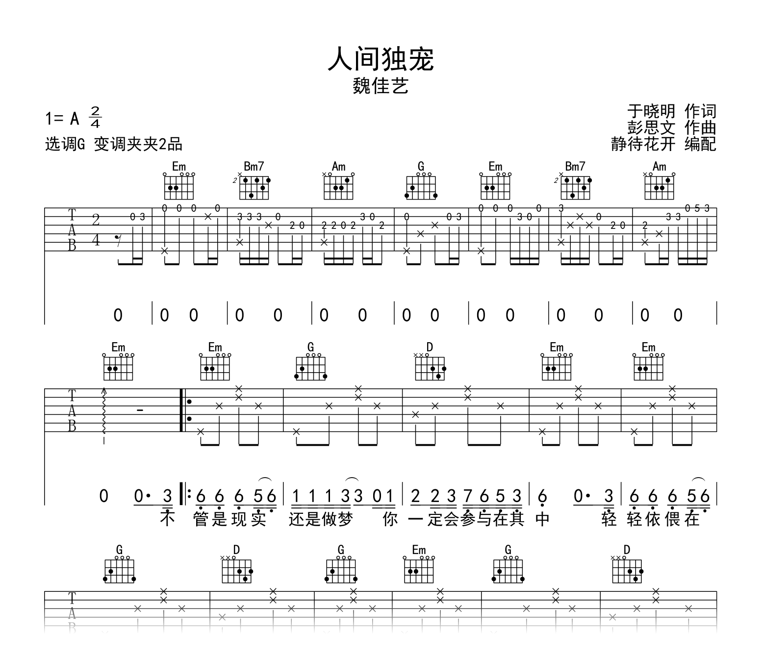 人间独宠吉他谱_魏佳艺_G调指法_弹唱六线谱1