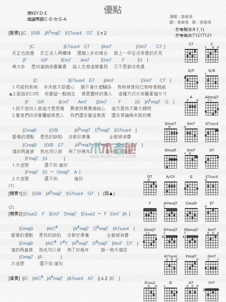 优点_吉他谱_李荣浩1