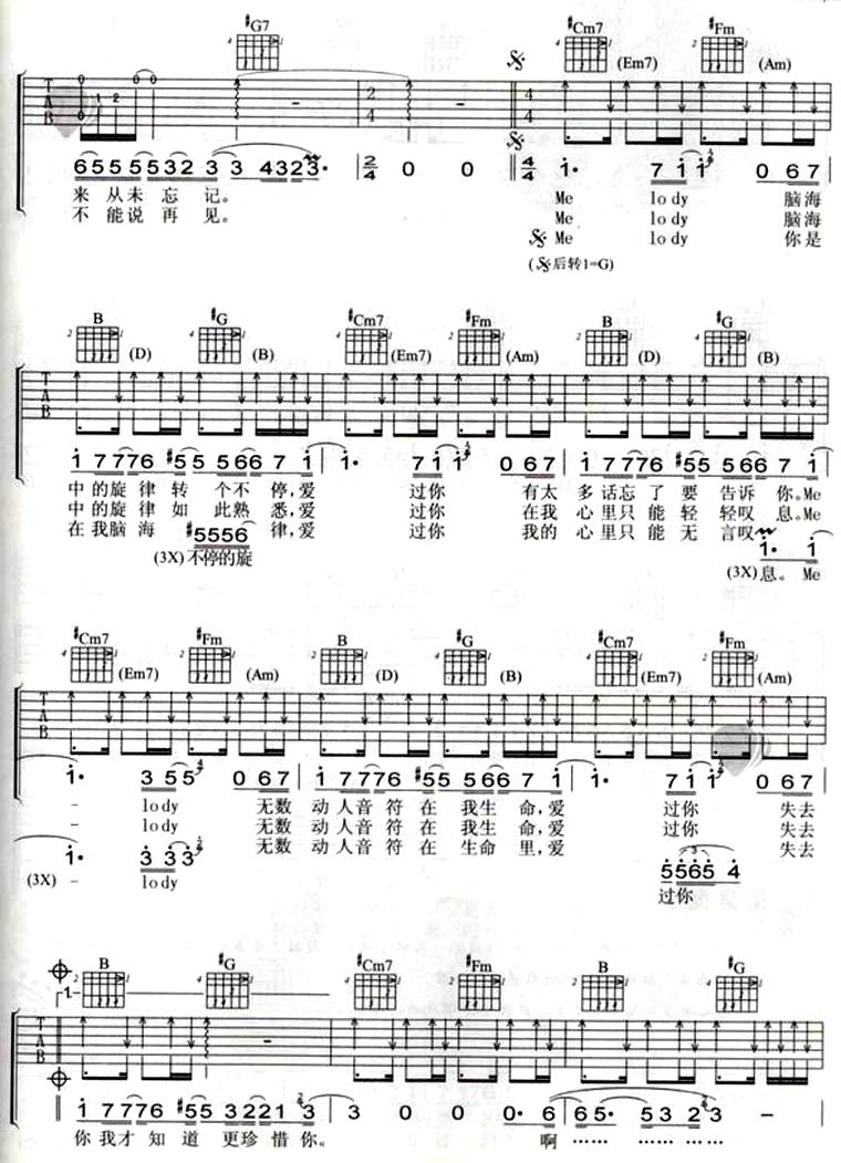 melody吉他谱 G调六线谱_小巧玲珑吉他编配_陶喆2