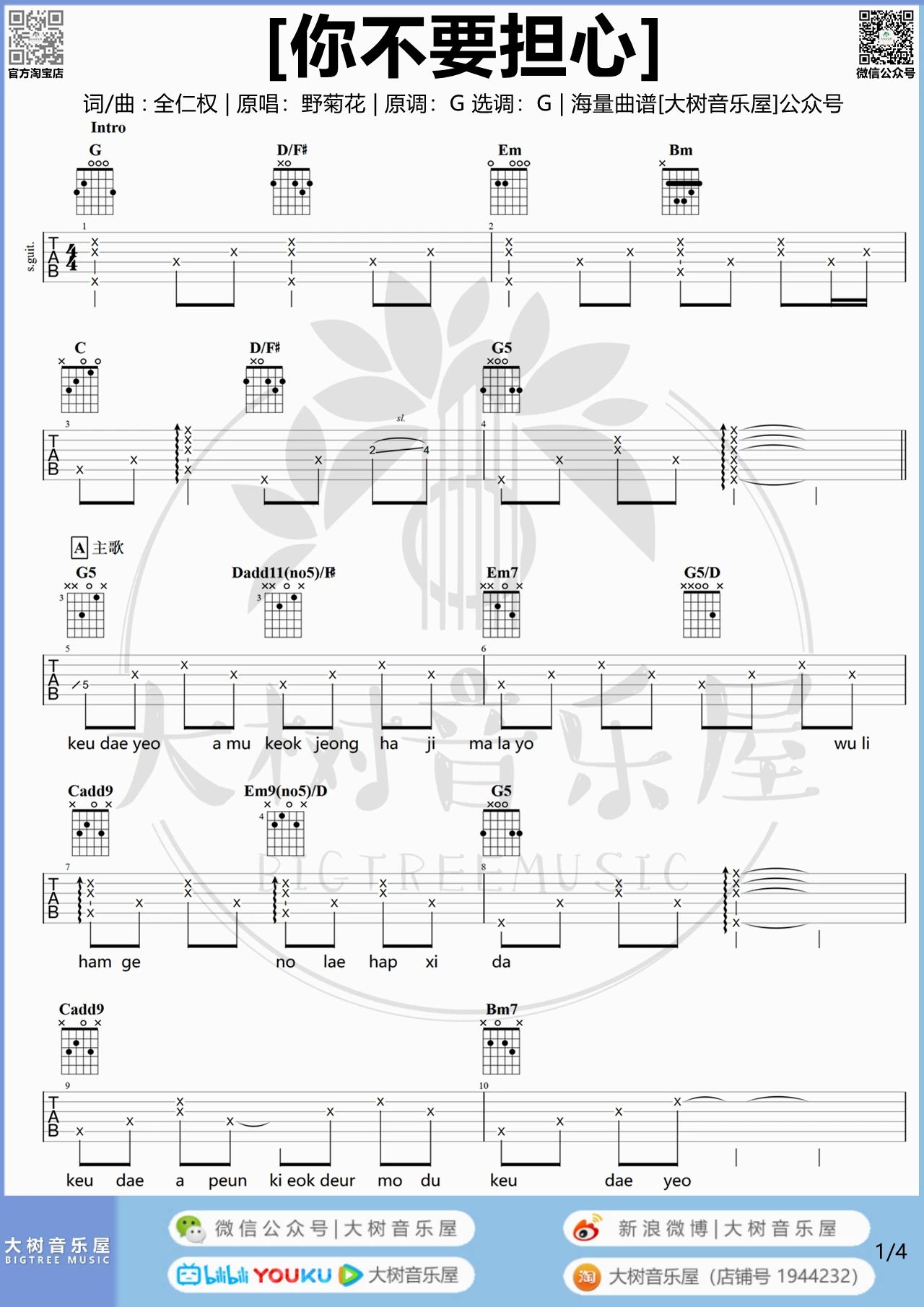 你不要担心吉他谱_野菊花_G调原调版男生调吉他谱1