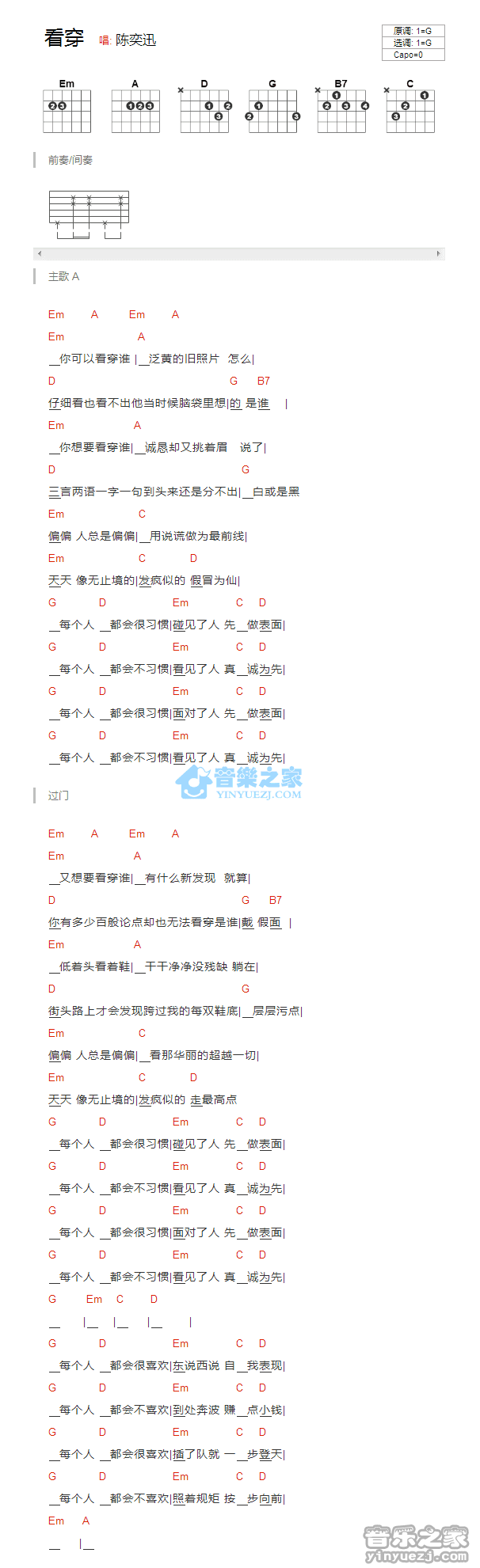 看穿_吉他谱_G调版_陈奕迅1