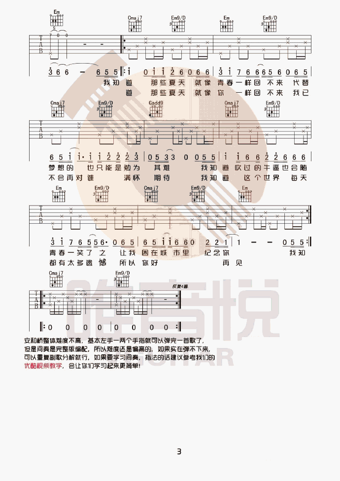 宋冬野《安和桥》G调原版吉他弹唱六线谱_安河桥教学视频3