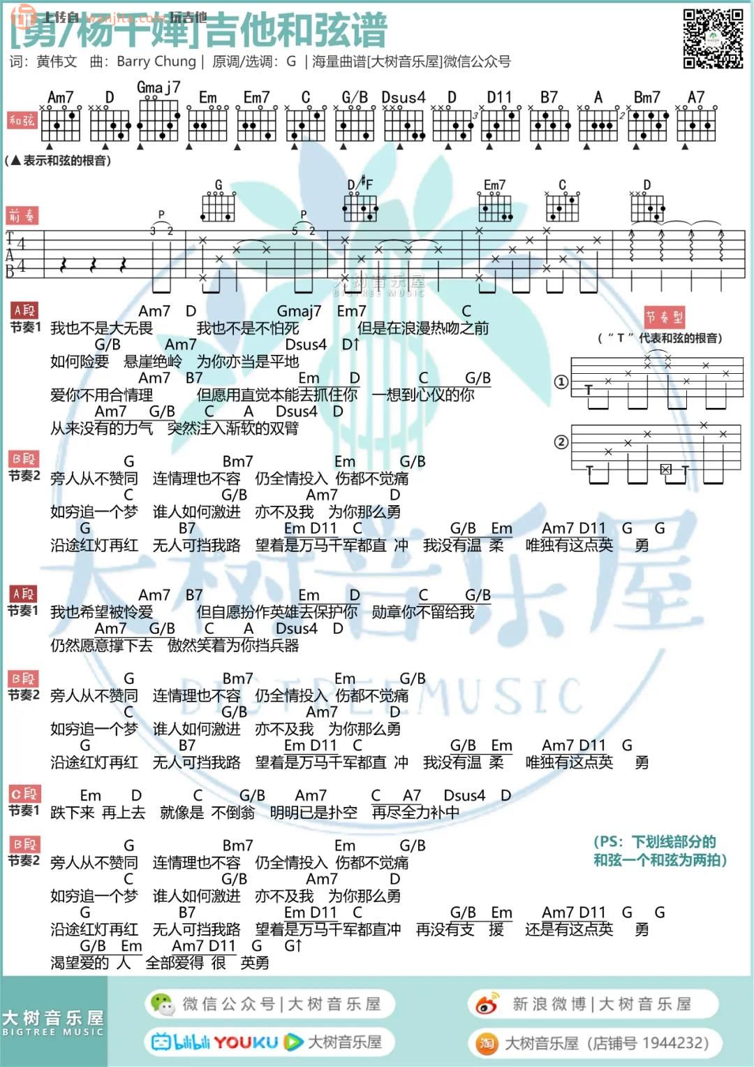 杨千嬅《勇》吉他谱_超原版G调六线谱_吉他弹唱视频教学_杨千嬅1