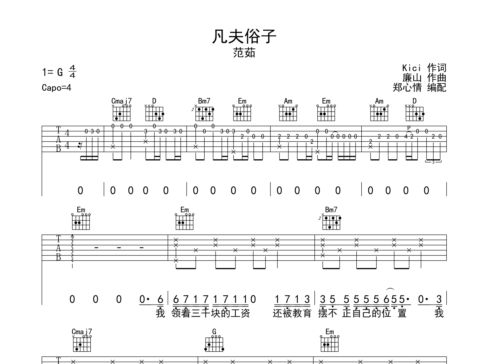 凡夫俗子吉他谱_范茹_G调完整版_高清六线谱1