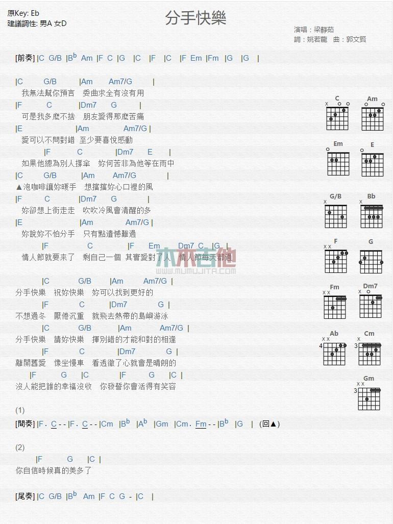 分手快乐吉他谱F调梁静茹1