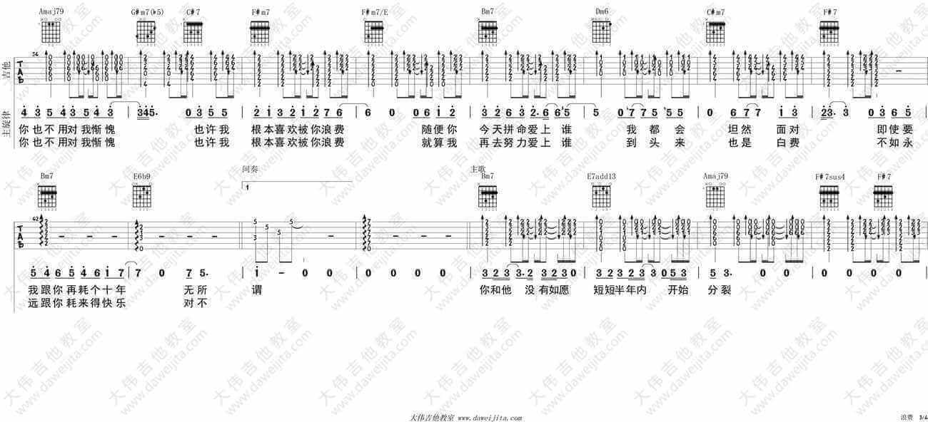 林宥嘉浪费吉他谱、A调六线谱、浪费吉他弹唱教学1