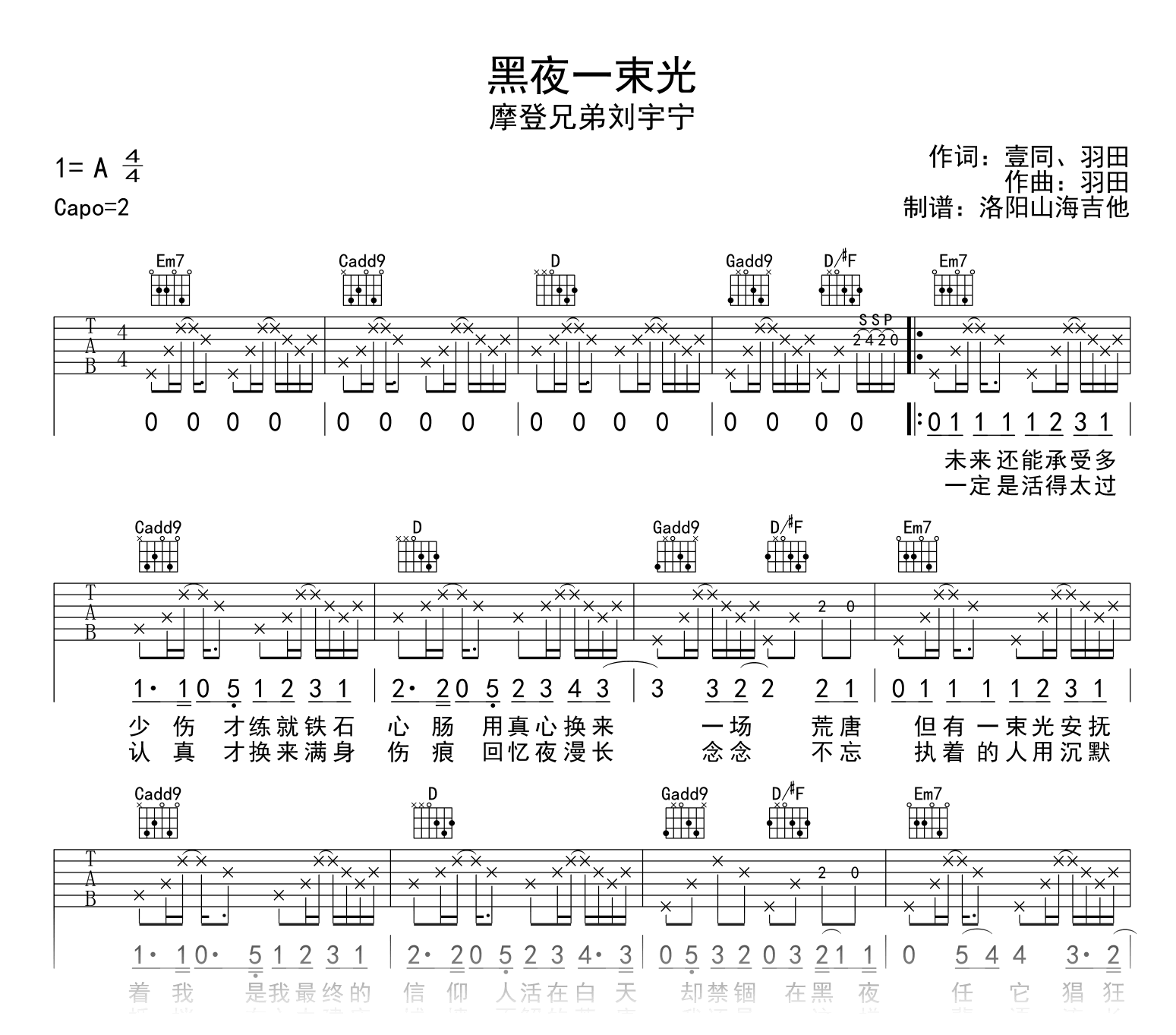 黑夜一束光吉他谱_摩登兄弟刘宇宁_弹唱六线谱1