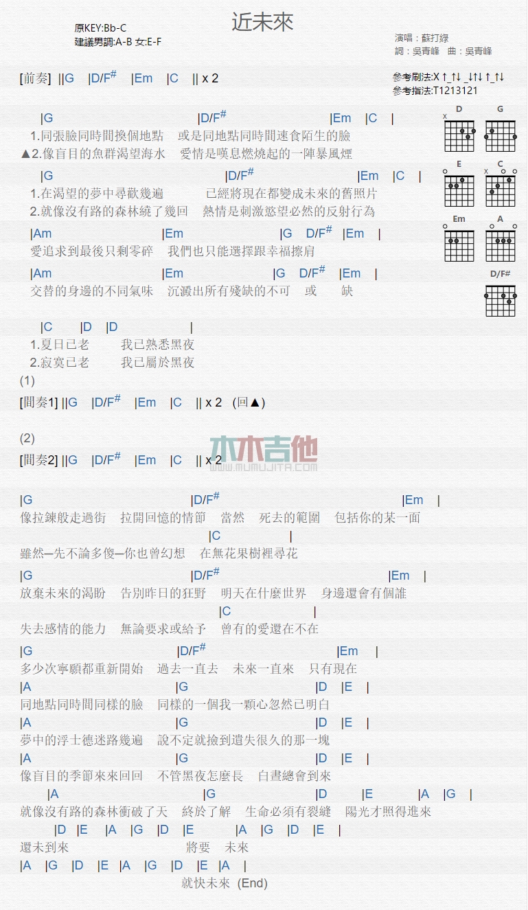 近未来吉他谱 C调和弦谱_木木吉他编配_苏打绿1