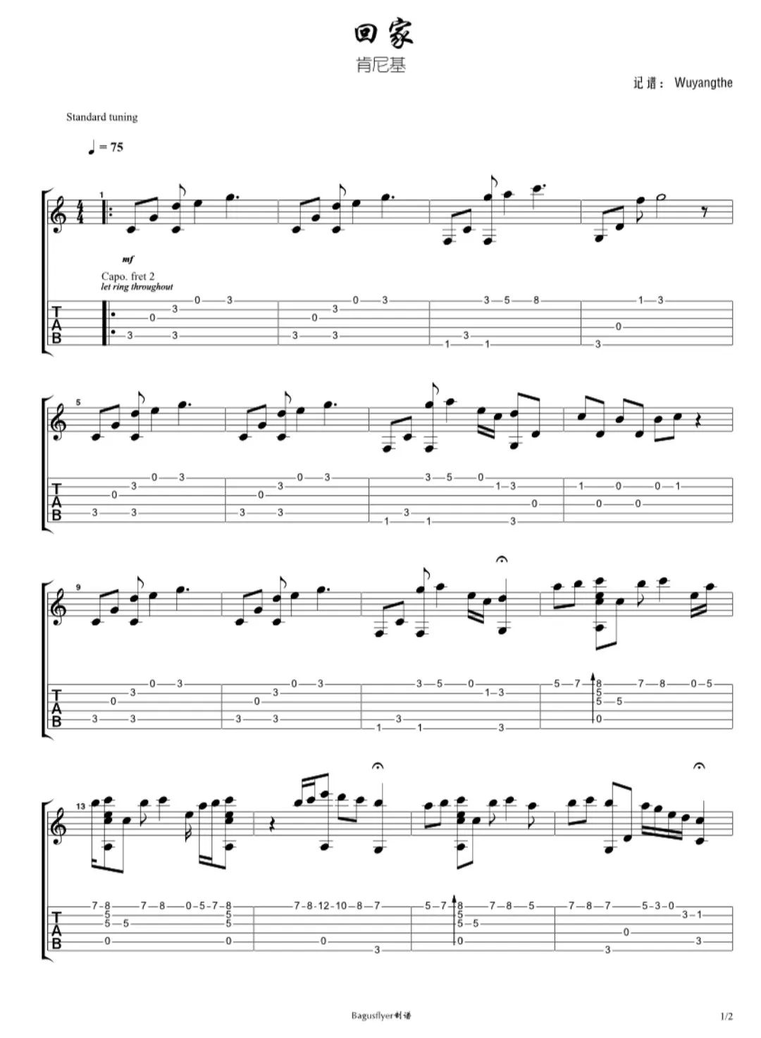 回家指弹谱_肯尼基_吉他独奏六线谱_经典萨克斯曲目1