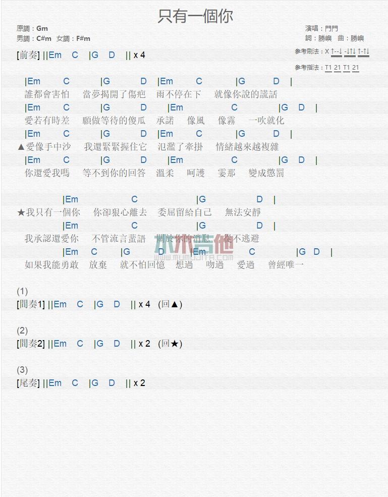 只有一个你_吉他谱_门门1