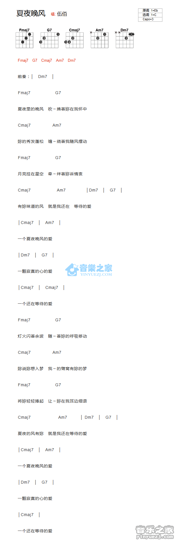 夏夜晚风吉他谱 C调和弦谱-伍佰1