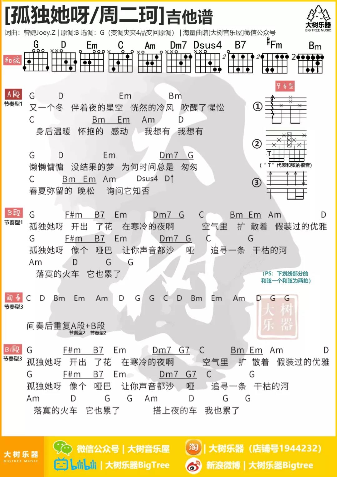 孤独她呀吉他谱 G调和弦谱_大树音乐屋编配_周二珂1