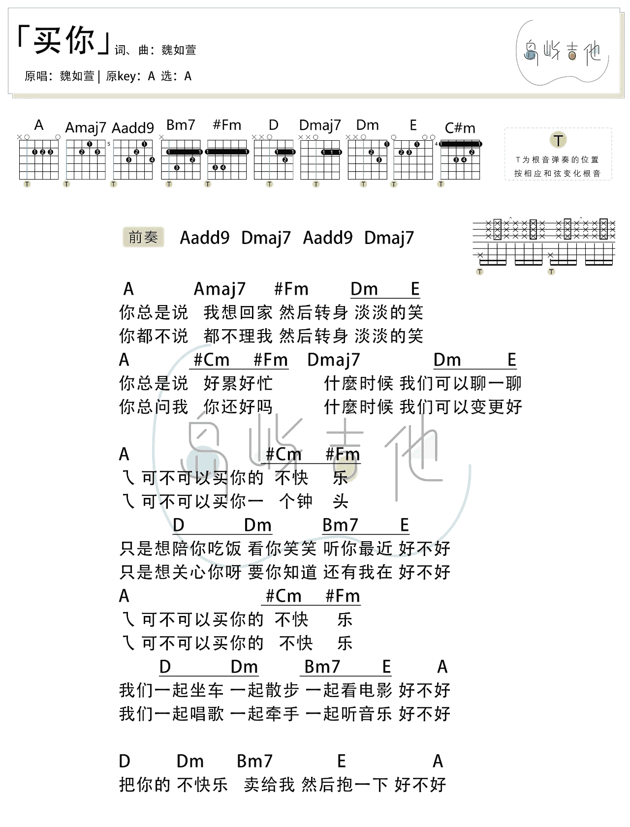 《买你》吉他谱 A调弹唱谱_魏如萱​_岛屿吉他制谱2