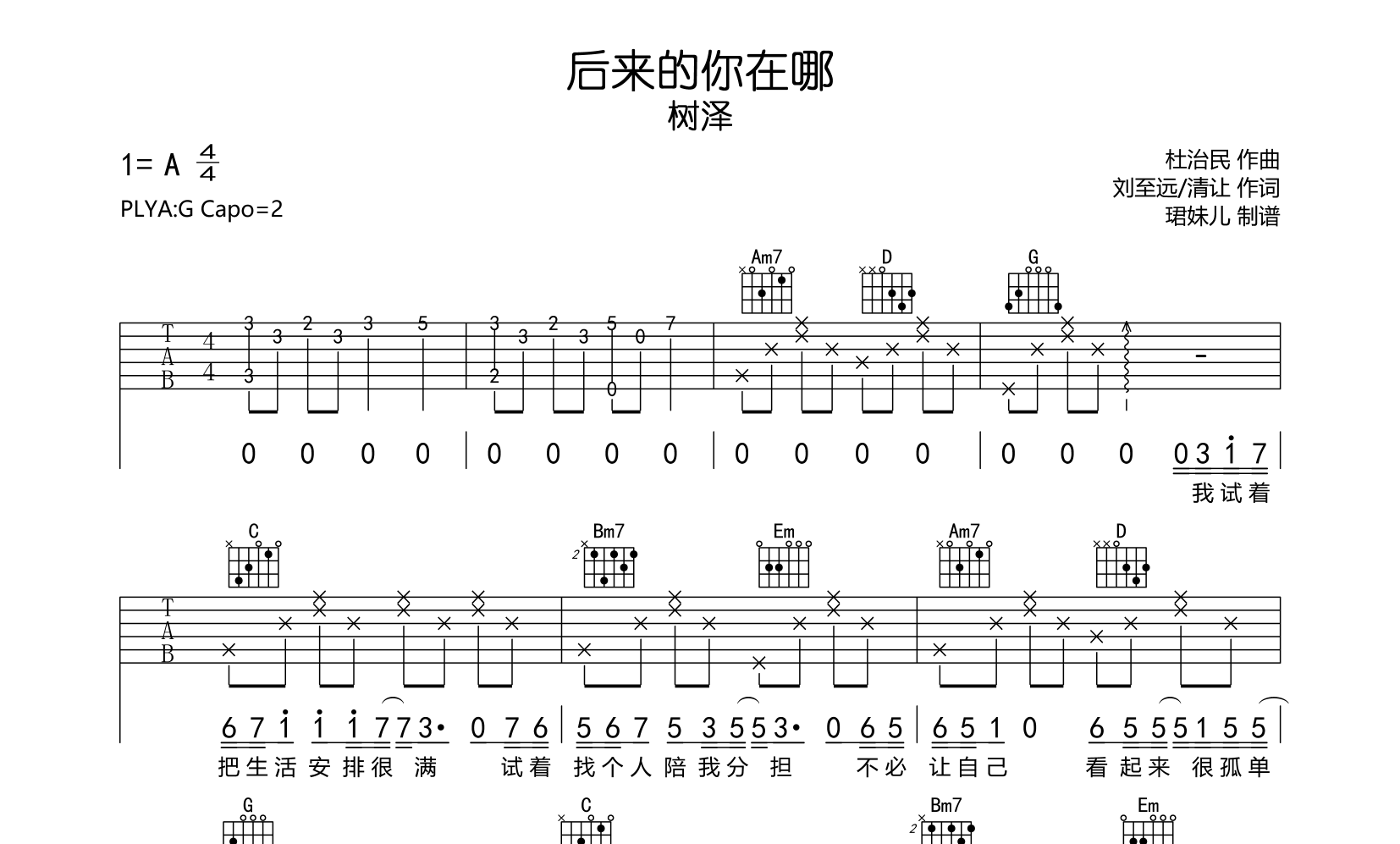 后来的你在哪吉他谱_树泽_G调原版六线谱_吉他弹唱谱1