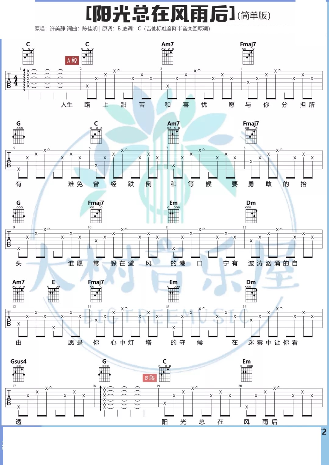 许美静《阳光总在风雨后》吉他谱1