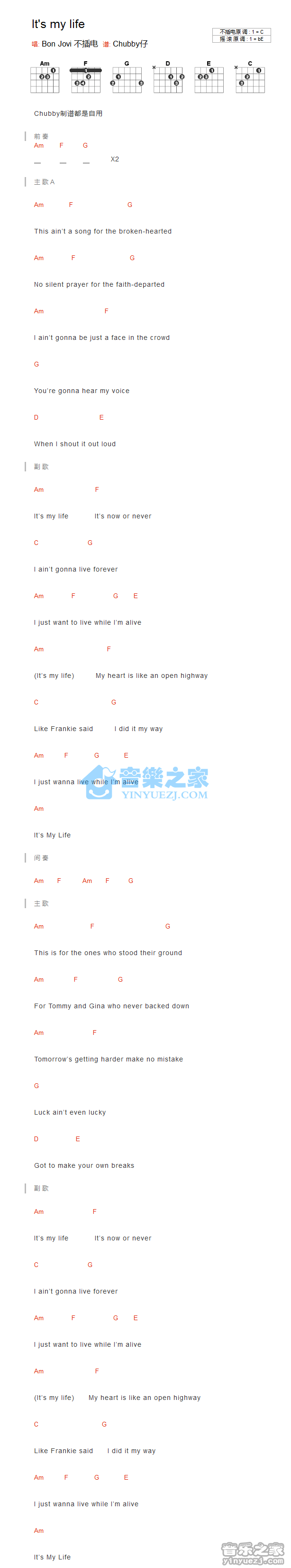 its my life吉他谱 C调和弦谱-bon jovi1