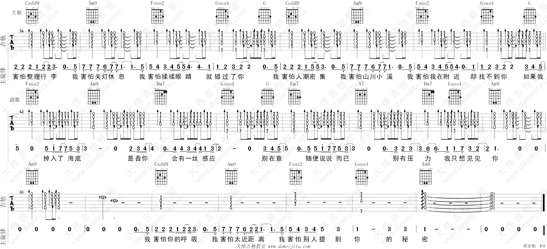我害怕吉他谱_薛之谦_《我害怕》C调原版六线谱_吉他弹唱教学3