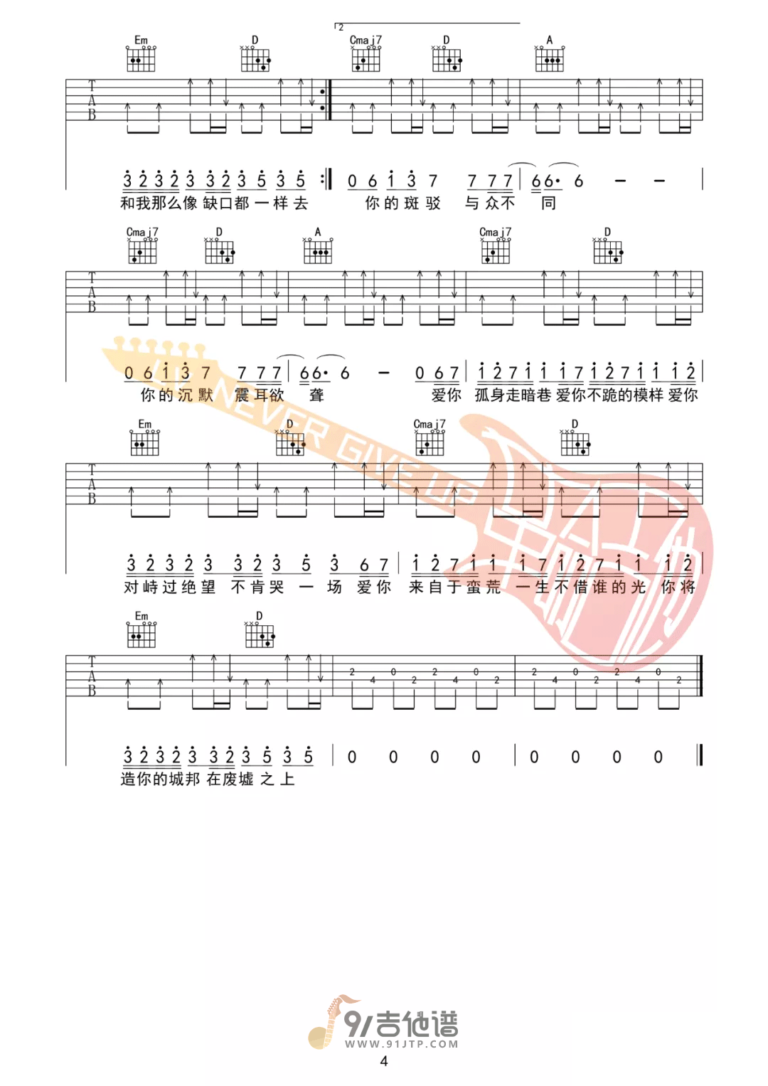 【G调原版指法】陈奕迅《孤勇者》吉他谱 吉他弹唱六线谱 Guitar Tabs1