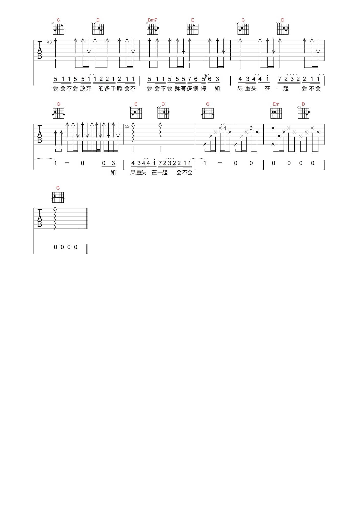 会不会吉他谱-刘大壮-G调高清原版-吉他弹唱六线谱1