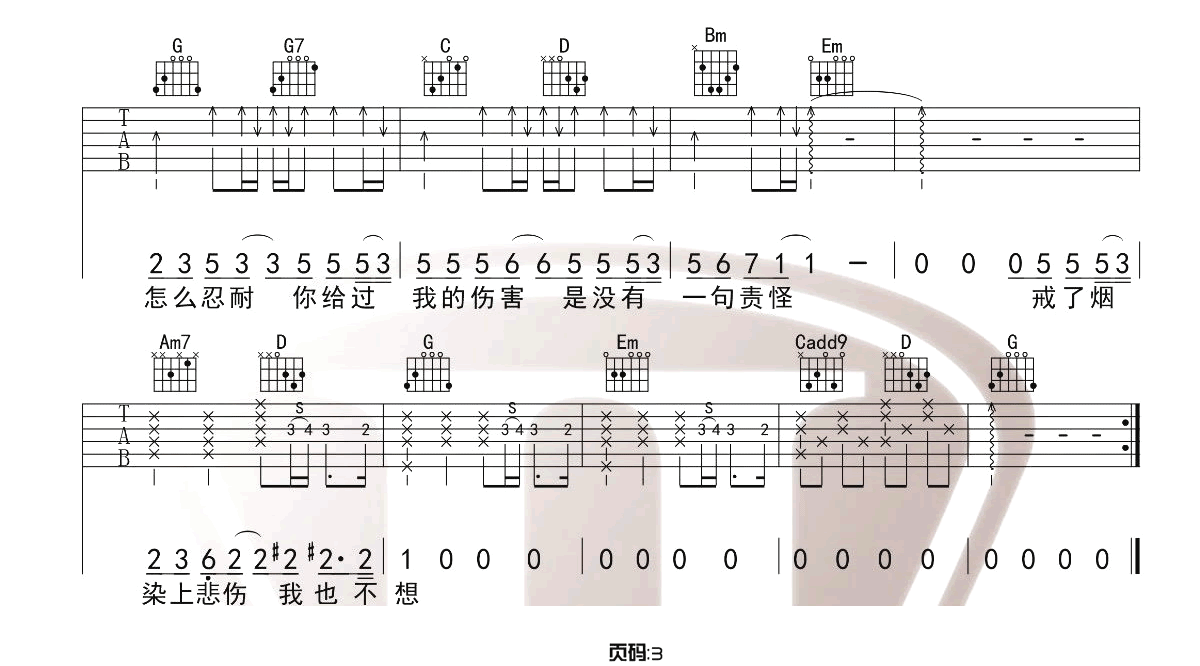 戒烟吉他谱_李荣浩_《戒烟》G调原版六线谱_吉他弹唱教学3