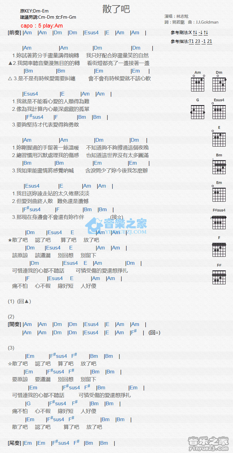 散了吧吉他谱 D调和弦谱-高清版-林志炫1