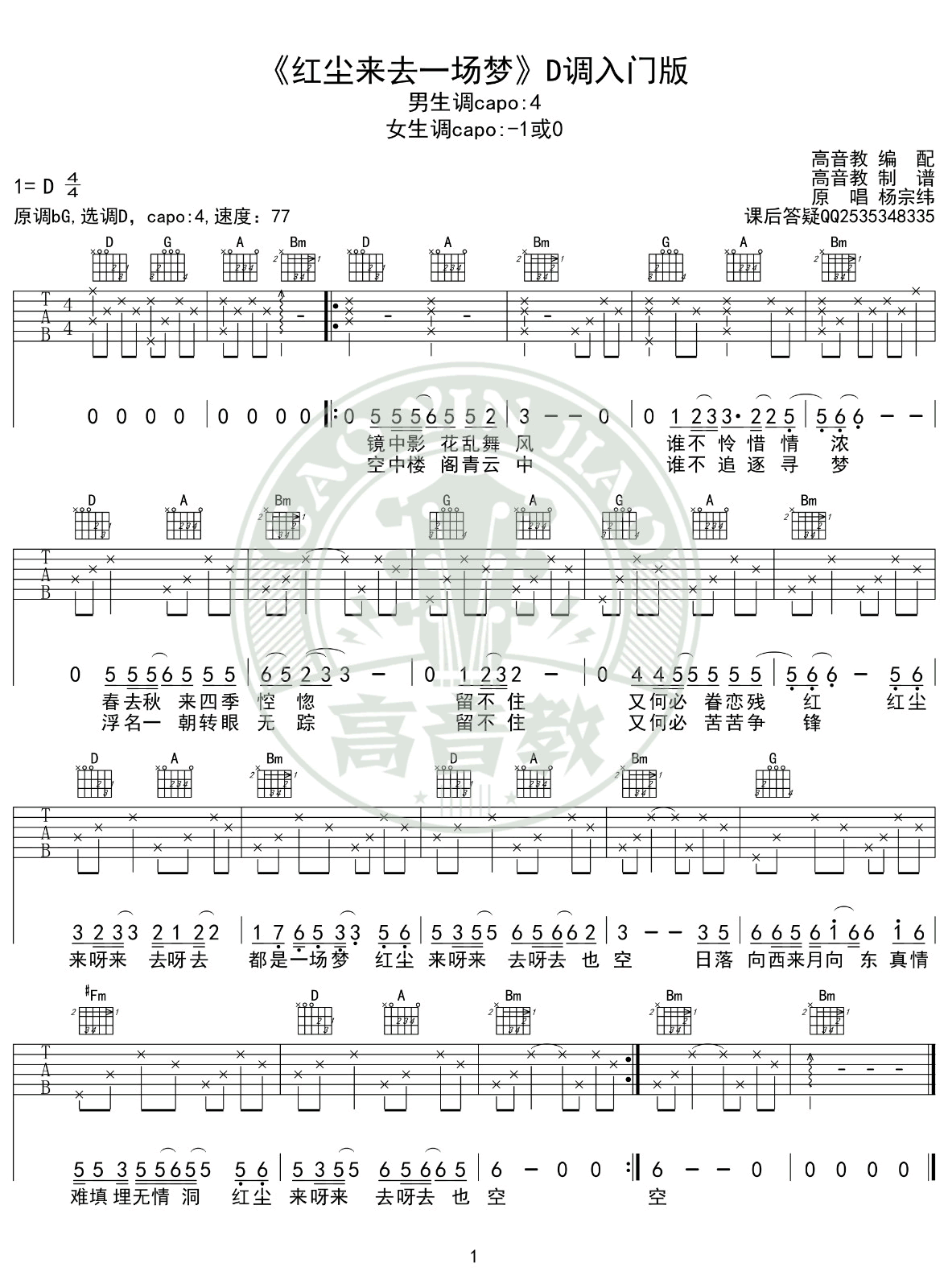 红尘来去一场梦吉他谱_杨宗纬_D调入门版_简单弹唱谱1