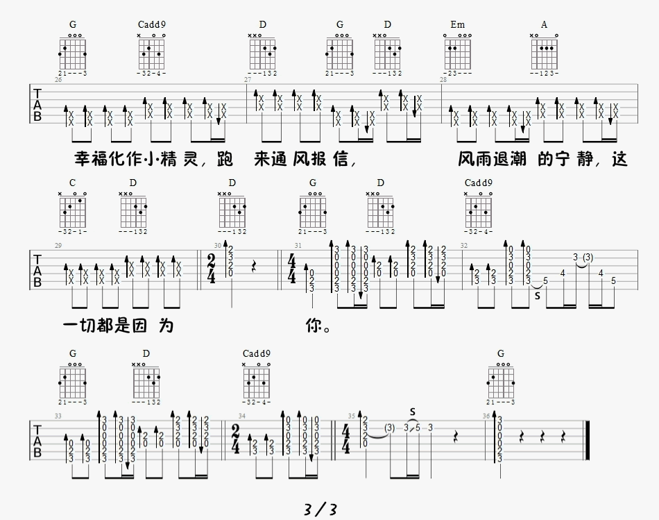 《小精灵》吉他谱-吴青峰/刘家凯-G调原版六线谱-吉他弹唱示范3