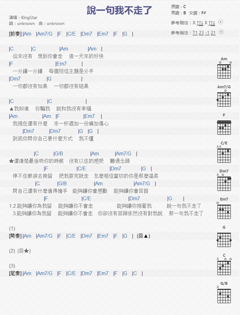 说一句我不走了_吉他谱_小51